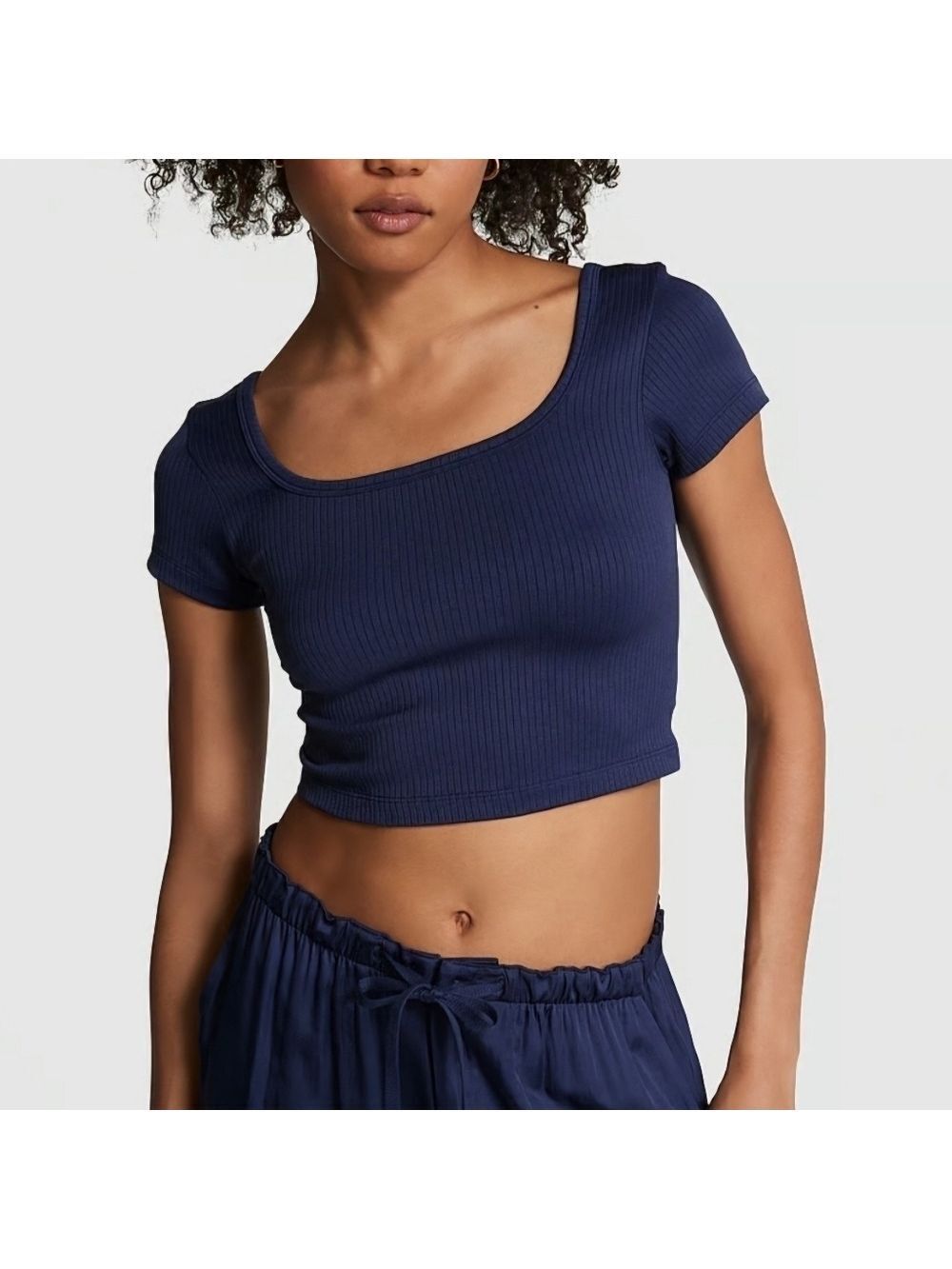 Pink Victoria's Secret Seamless Rib Short Sleeve Crop Navy Top Large New Tags